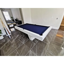 The Equilibrium Pool Table With White Finish And Blue Cloth.