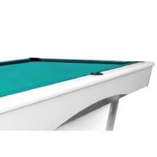 The side of a white Dynamic Triumph Slate Bed pool table