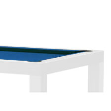 The corner of a white Dynamic Mozart Slate Bed Pool Table