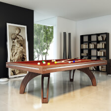 The Etrusco P40 Luxury 8ft american slate bed table in canaletto walnut finish with matching legs, red elite-pro cloth and standard pockets.