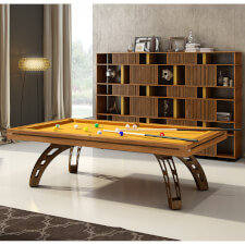 The Etrusco P40 Luxury 8ft american slate bed table in walnut finish with corten legs, gold cloth and standard pockets.
