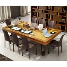The Etrusco P40 Luxury 8ft american slate bed table in walnut finish with corten legs, plexiglass dining top and standard pockets.