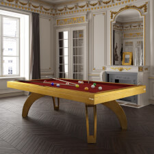 The Etrusco P40 Luxury 8ft american slate bed table in gold finish with matching legs, red elite-pro cloth and standard pockets.