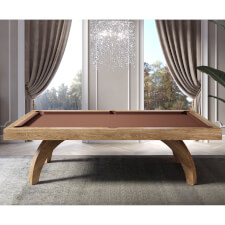 The Etrusco P40 Luxury 8ft american slate bed table in oak wood finish with matching legs, tan cloth and standard pockets.