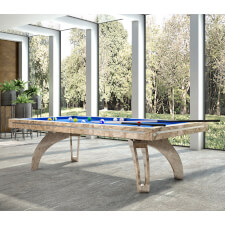 The Etrusco P40 Luxury 8ft american slate bed table in OSB finish with matching legs, electric blue cloth and standard pockets.