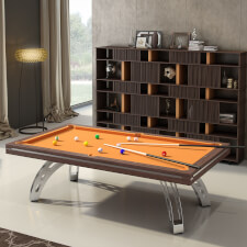 The Etrusco P40 Luxury 8ft american slate bed table in walnut finish with steel legs, orange cloth and standard pockets.