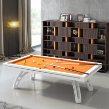 The Etrusco P40 Luxury 8ft american slate bed table in white matt finish with corten legs, orange cloth and standard pockets.