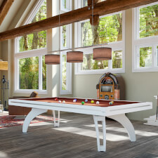 The Etrusco P40 Luxury 8ft american slate bed table in white matt finish with matching legs, paprika cloth and standard pockets.