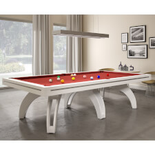 The Etrusco P40 Luxury 9ft american slate bed table in white matt finish with 6 matching legs, paprika cloth and standard pockets.