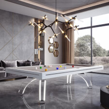 The Etrusco P40 Luxury 8ft american slate bed table in white matt finish with plexiglass legs and LED light, custom colour cloth and standard pockets.