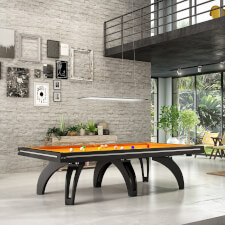 The Etrusco P40 Luxury 9ft american slate bed table in black matt finish with 6 matching legs, gold cloth and standard pockets.
