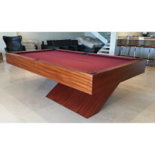 The Houdini pool table in a wood veneer with Burgundy cloth