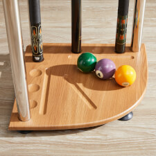 The Strikeworth Corner cue stand in oak.