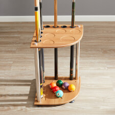 The Strikeworth Corner cue stand in oak.