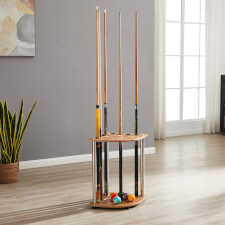 The Strikeworth Corner cue stand in oak.