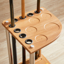 The Strikeworth Corner cue stand in oak.