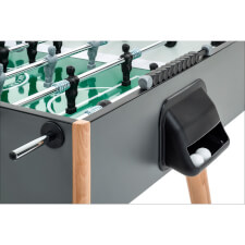 The goal side of a grey Flamingo football table