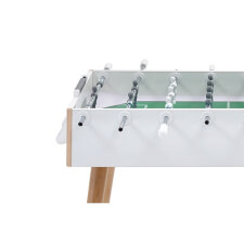 The side of a white FAS Flamingo football table