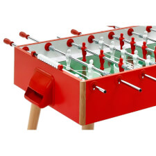 The goal side of a red FAS Flamingo football table