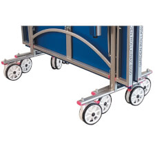 The wheels of a Butterfly Garden Rollaway 6000 Tennis Table