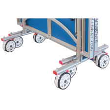 The wheels of a Butterfly Garden Rollaway 7000 Tennis Table