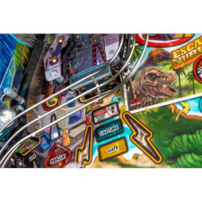 A close up shot of the playfield on a Stern Jurassic Park LE pinball machine