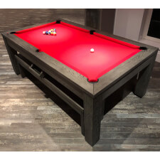 The Pureline Lux Grey Solid Oak Slate Bed Pool Table With Red Cloth.