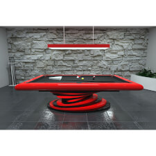 A red Everest Slate Bed Pool table with black cloth