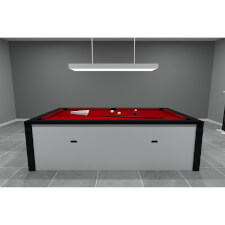 A black Fusion Slate Bed Pool table with red cloth