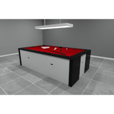 A black Fusion Slate Bed Pool table with red cloth