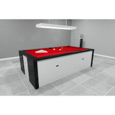 A black Fusion Slate Bed Pool table with red cloth
