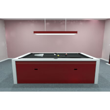 A white Fusion Slate Bed Pool table with black cloth