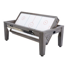 The 7ft Multi Games & Dining Table in Driftwood with playfield rotating..