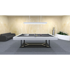 The Silverlight Deluxe Slate Bed Pool Table From Bilhares Europa With Glossy White Finish And Charcoal Hainsworth Cloth Displayed In A Room.