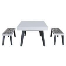 The California fitted with table tops & with optional benches, in White finish..