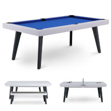 The California in pool, dining and table tennis configurations in White finish.