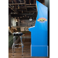 Arcade1Up Street Fighter II Blue Cabinet right side with a stool.