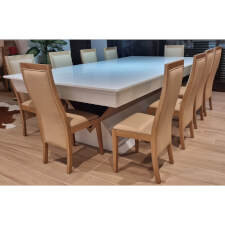 Louvrees pool table with top and chairs.