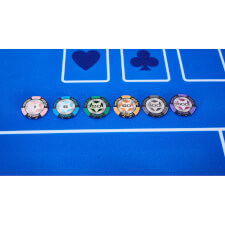 Chips laid out on a poker table.