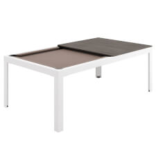 The Conver-Table in White with Taupe/Grey cloth and Smoked Oak tops.