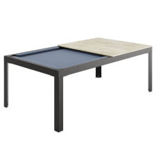 The Conver-Table in Black with Powder Blue cloth and Natural Oak tops.