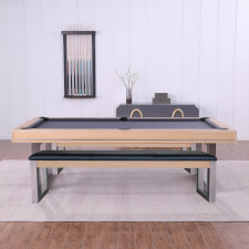 The Marseille slate bed pool dining table in maple with two matching bench.