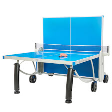 The Quickfold Advance Outdoor tennis table half closed.
