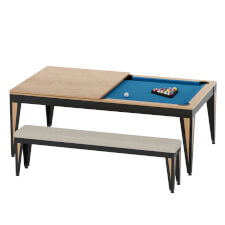 The Pureline Blade Pool table in black/oak finish and blue cloth.