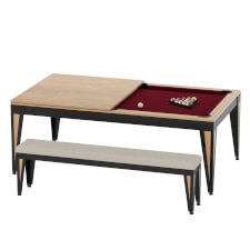 The Pureline Blade Pool table in black/oak finish and red cloth.