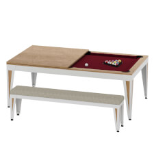 The Pureline Blade Pool table in white/oak finish and red cloth.