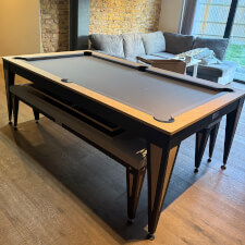 The Pureline Blade Pool Table in a black/oak finish and grey cloth.