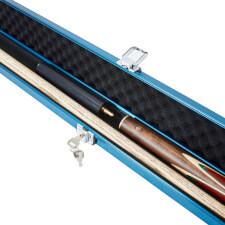 The Pureline Shield case for 3/4 joint cues in blue open.