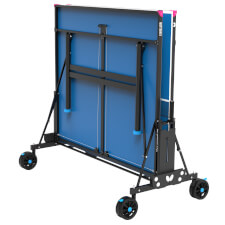 The Butterfly M5 Rollaway Outdoor tennis table in blue closed.