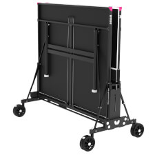 The Butterfly M5 Rollaway Outdoor tennis table in grey closed.